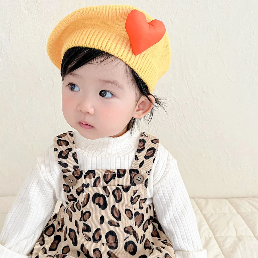 Korean Style Knitted Beret for Baby Girls Hair Accessories Large Heart Pattern Knit Beanie Newborn Painter Hat Children Cute Hat