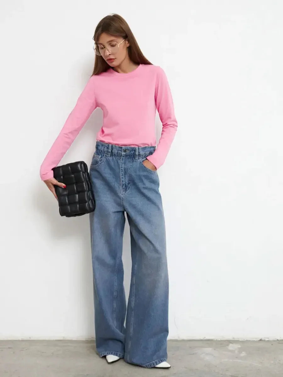 Bornladies Women's Spring Autumn 100% Cotton T-shirt Bottoming Basic Solid Lady Long Sleeve Loose Tops Shirts Oversized T Shirt