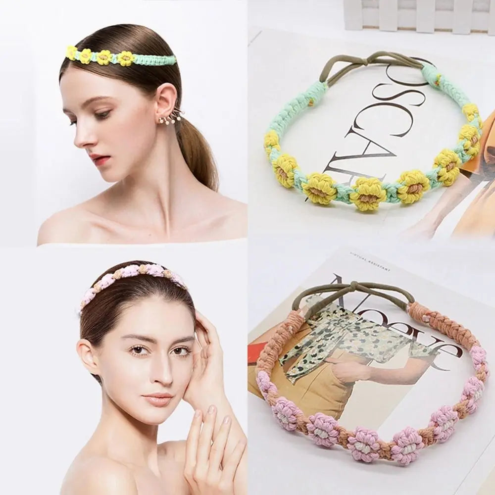 Braided Rope Headwrap Small Daisy Elastic Hair Band Turban Women Hair Scarf Crochet Bandana Macrame Hair Band Bohemian Headband