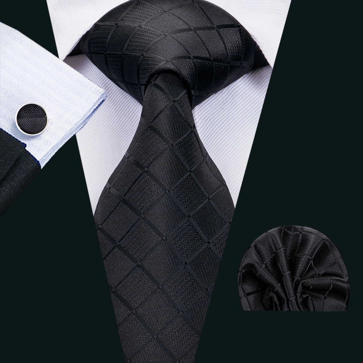 Business Black Silk Ties For Men Classic Solid High Quality Woven Pocket Square Cufflinks Sets Party Formal Designer Barry.Wang