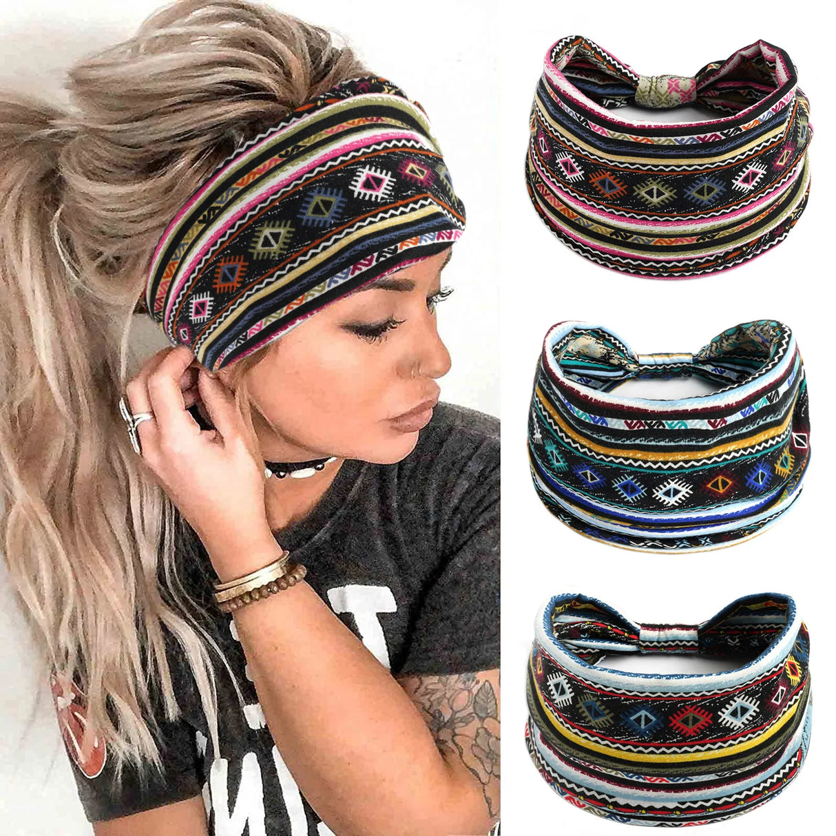 Boho Headbands For Women Fashion Stretch Wide Hair Bands Knoted Turban Yoga Sweatband Elastic Head Bands Stylish Wrap Headbands