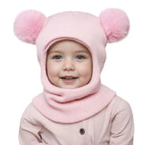 New Cute Balaclava Hats Children Double Balls One-piece Hat Scarf Boys Girls Autumn Winter Pompom Ball Wool Cap