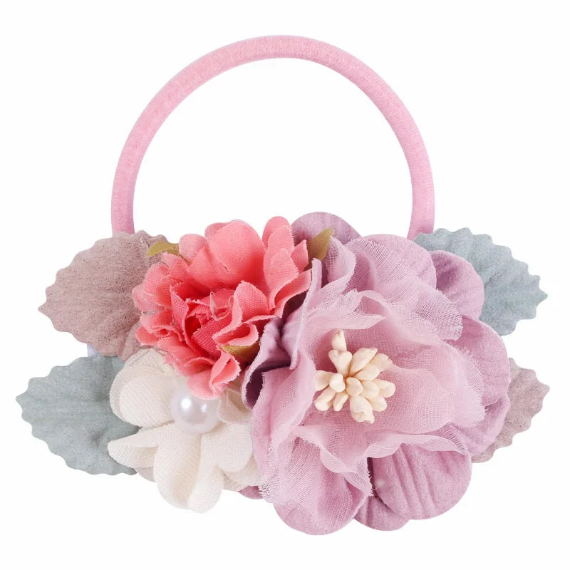 Handmade Flower Elastics Hair Ties For Kids Girls Stretchy Rubber Hairband Slim Headband Scrunchies Ponytail Holder Ring Loop