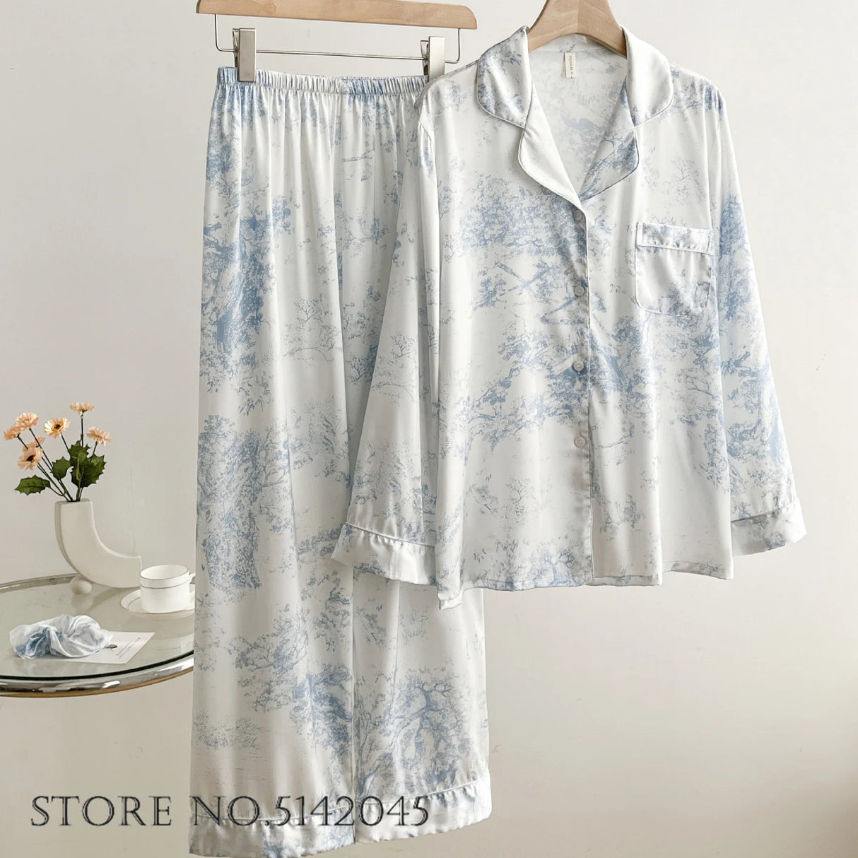 Fashion Print Flower 2PCS Pajamas Set Women Sleepwear Spring Summer Trouser Suits Lounge Wear Loose Satin Homewear Pijamas Suit