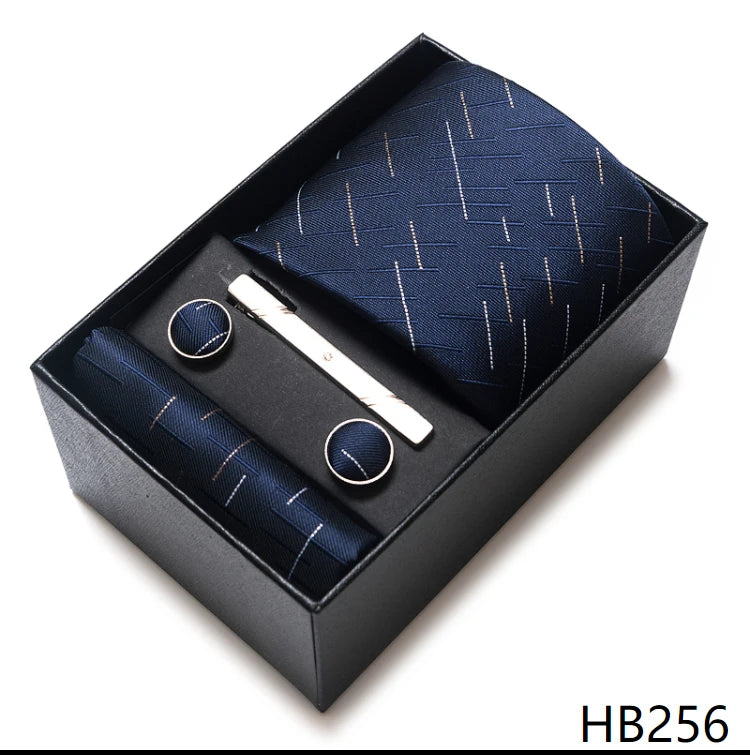 65 Colors Fashion Tie Handkerchief Set Tie Clip Necktie Box Man's Shirt Dark Red  Accessories Men Wedding Holiday  Gift