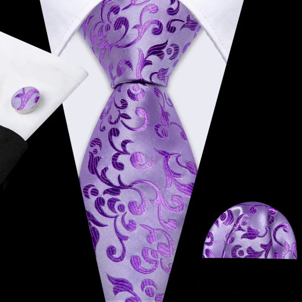 Barry.Wang Purple Lilac Lavender Silk Mens Tie Handkerchief Cufflink Set Jacquard Floral Necktie for Male Wedding Business Party