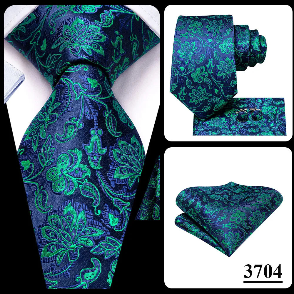 Hi-Tie Dark Green Psialey Silk Elegant Tie For Men Groom Wedding Men Necktie Pocket Square Cufflink Accessory Wholesale Designer