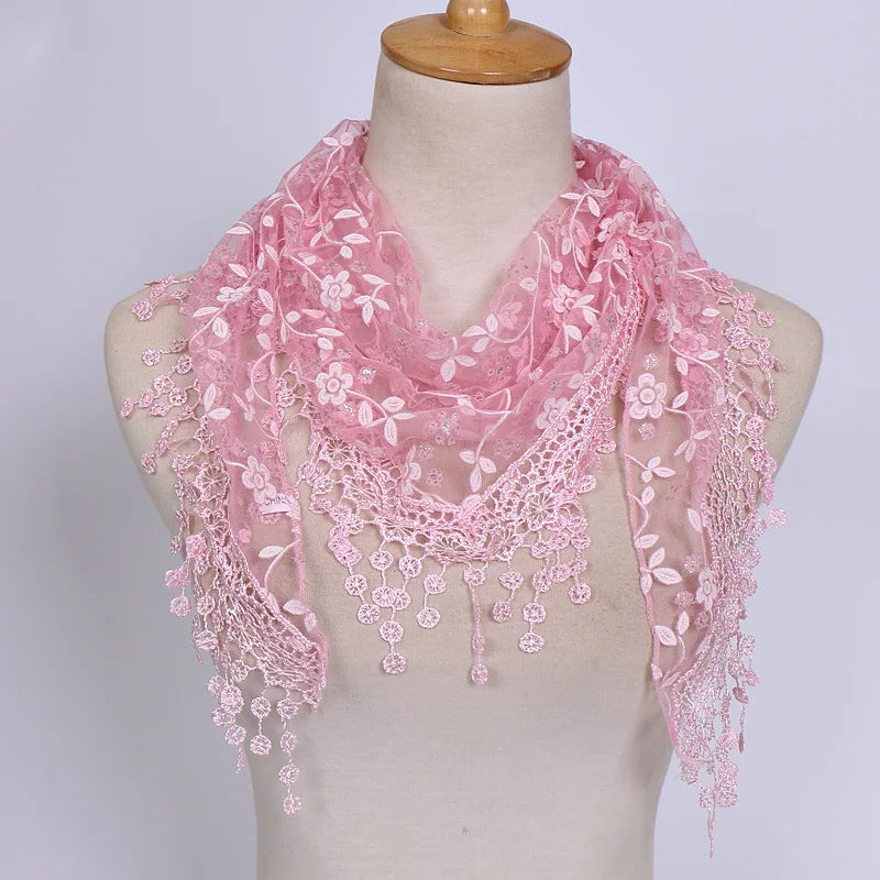 Fashion Lace Tassel Sheer Triangle Scarf Women Hollow Out Floral Scarves Shawls