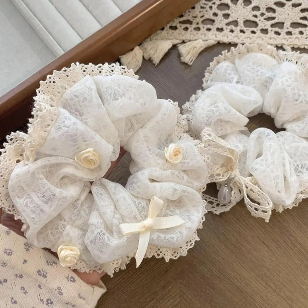 French Lace Pearl Rose Flower Elastics Hair Band For Women Cream White Scrunchies Hair Ties Ponytail Holder Hair Accessories