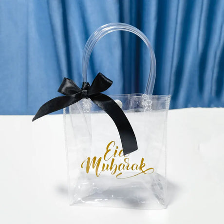 10Pcs Eid Mubarak Clear Gift Bags with Handle Ribbons Reusable Transparent PVC Bag for Islamic Muslim Party Favor Decorations