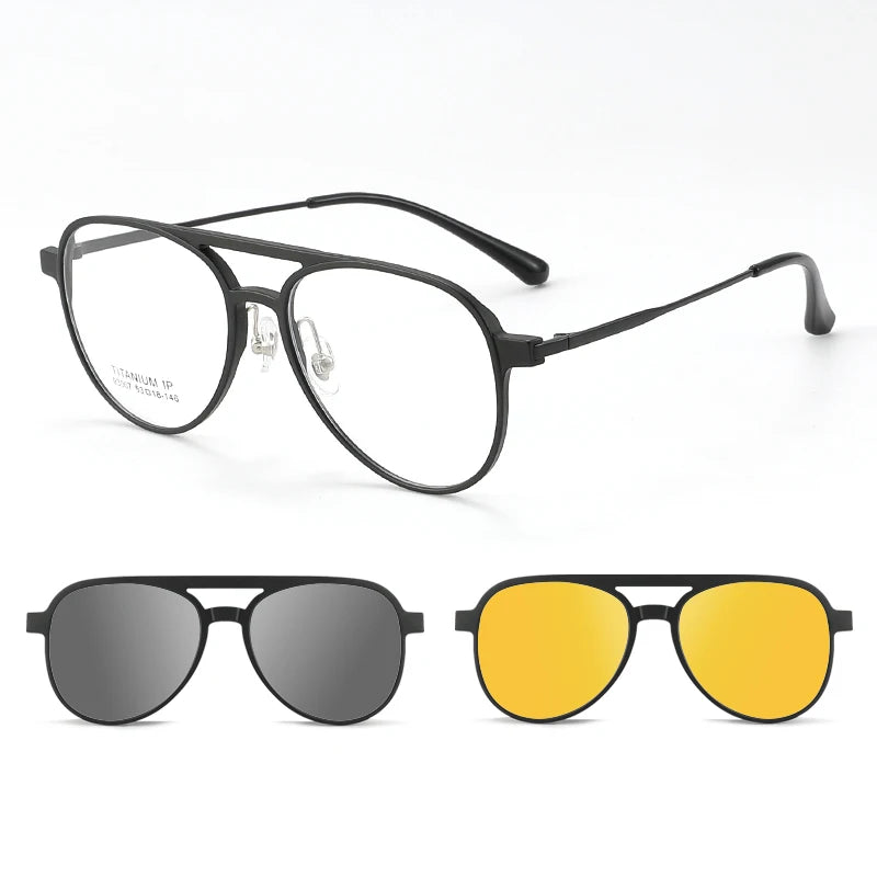 3 In 1 Pure Titanium Women Double Beam Glasses Frame With Polarized Clip On Sunglasses And Night Vision Men Half Rim Eyewear