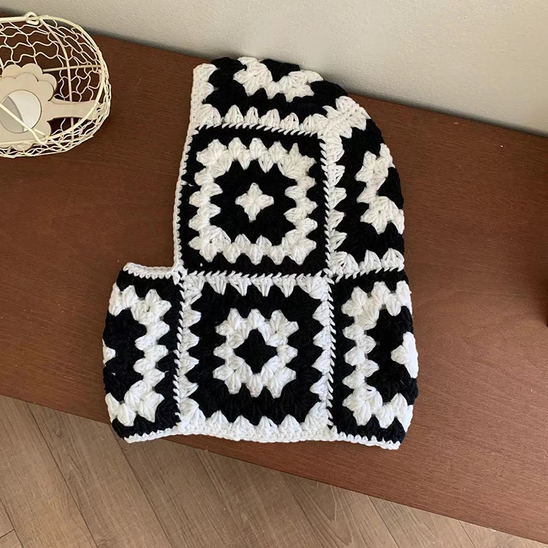 Women Knitted Balaclava Cap Handmade Crochet Floral Square Woolen One-Piece Beanies Neck Warm Retro Ins Pullover Hat Ski Bonnet
