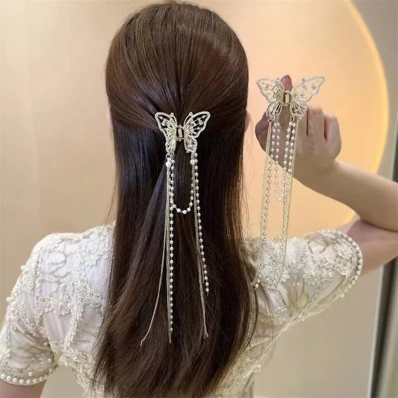 1 Pcs Full Diamond Hollow Butterfly Tassel Hair Accessories, Pearl Bead Chain Back Of The Head Grab Clip, Zinc Alloy Shark Clip