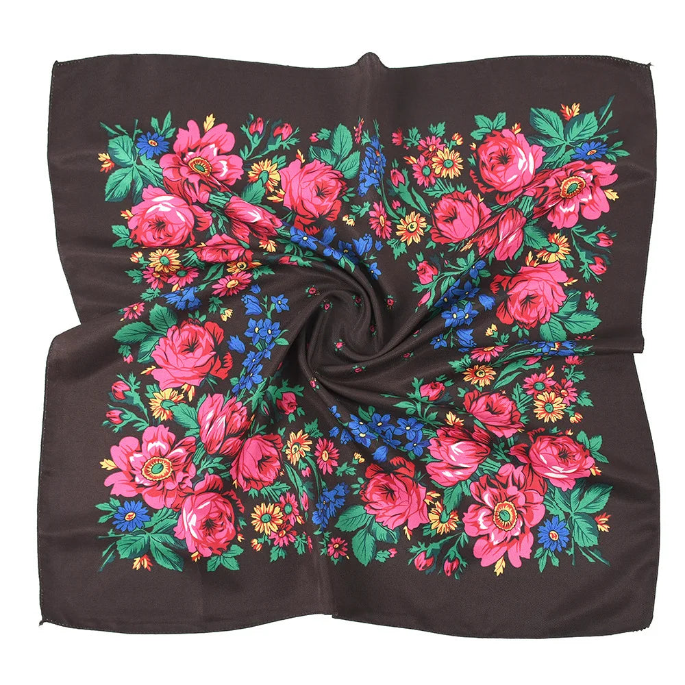 70*70cm Luxury Flowers Square Russian Scarf Women Floral Printed Shawl Female Bandana Head Wrap Headband Scarves Handkerchief