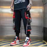 Hip Hop Streetwear Multiple Pockets Cargo Pants Men's Letter Ribbons Design Functional Overalls Male Loose Casual Sweatpants