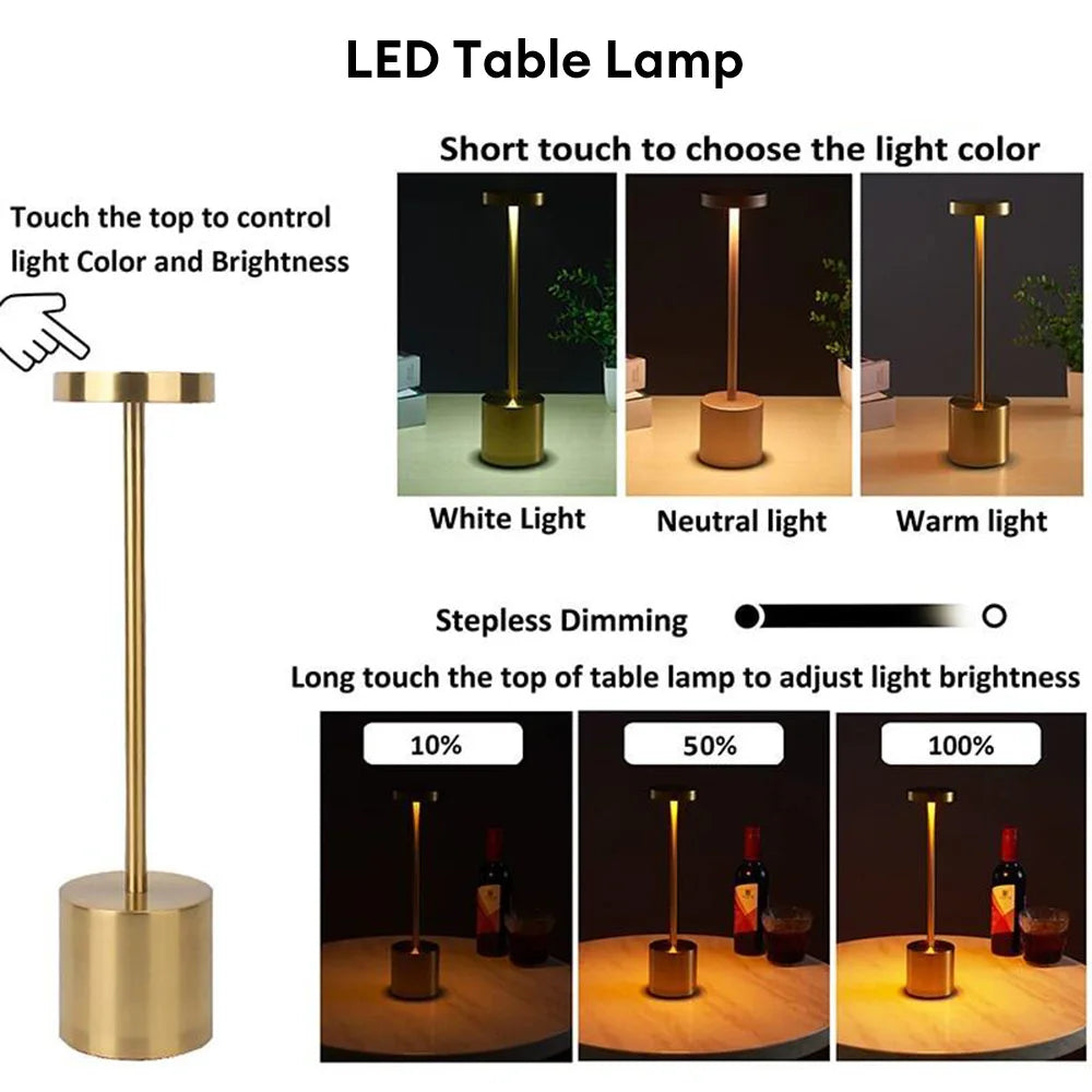 1PC Metal Classic Table Lamp USB Rechargeable Night Light Stepless Dimming Touch 3 Level Bedside Lamp Hotel Bar Decoration