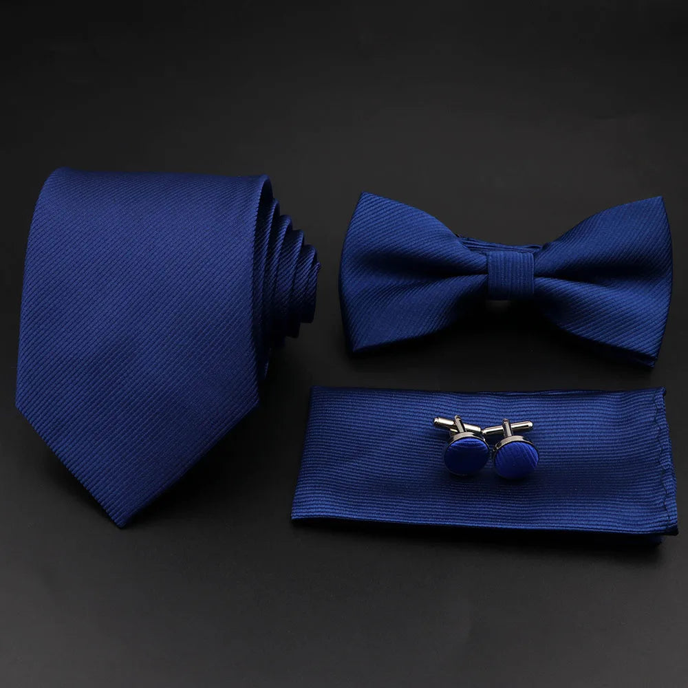 Hot Sale Red Blue Tie Set Polyester Slim Striped Necktie Bowtie Cufflink Brooch For Groom Suit Wedding Cravat Shirt Accessory