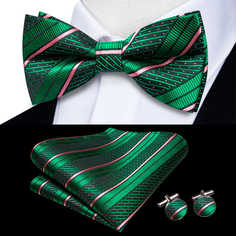 Hi-Tie Striped Black Red Green Silk Mens Bow Tie Hanky Cufflinks Set Pre-tied Butterfly Knot Bowtie for Male Wedding Business