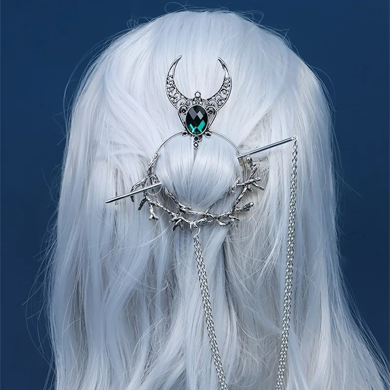 New Exquisite Fashion Retro Viking Witch Cane Crescent Hair Clip Metal Hair Accessories Women'S Jewelry Accessories Wholesale