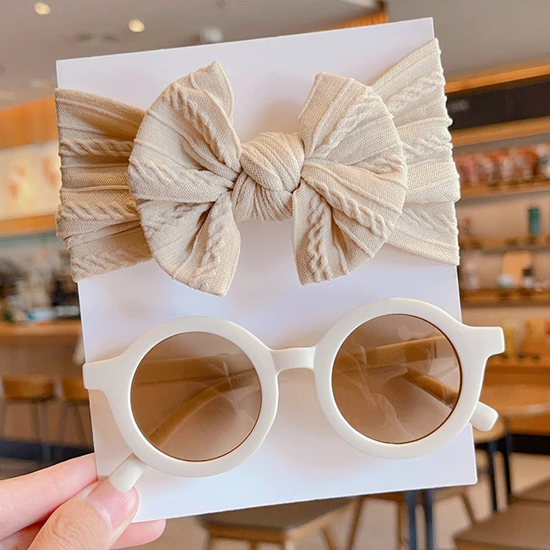 2 Pcs/Set New Children Solid Color Cotton Bowknot Wide Hairband Round Sunglasses Set Baby Girls Sunglasses Kids Hair Accessories