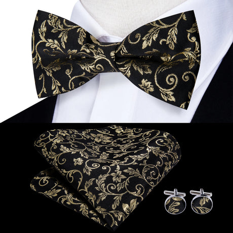 Hi-Tie Black White Silver Grey Brown Silk Mens Bow Tie Hankerchief Cufflinks Set Pre-tied Butterfly Knot Adjustable Bowtie Male