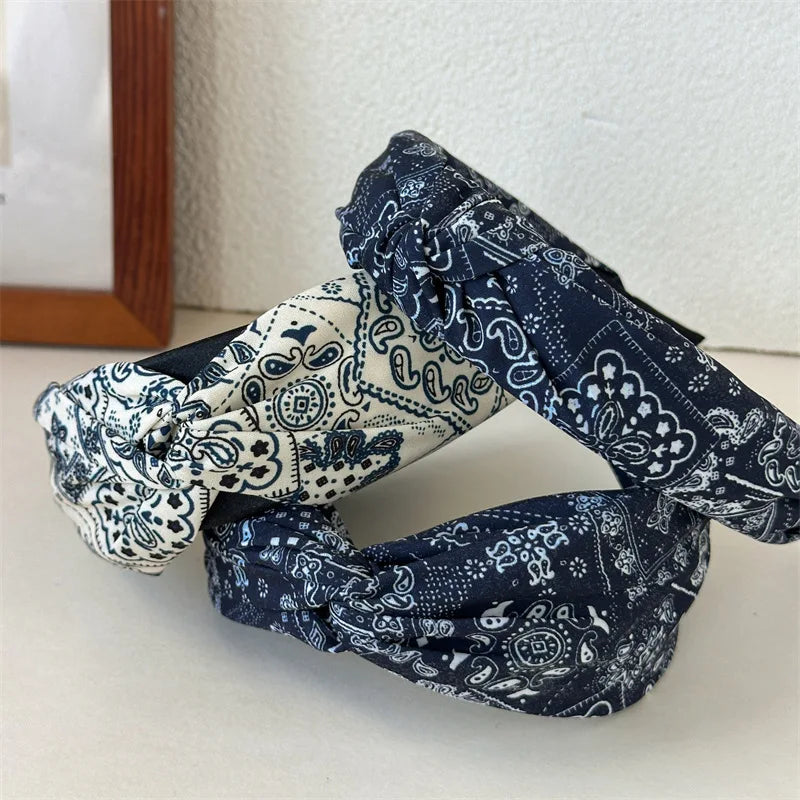 New Bohemian Paisley Print Headbands Cross Knot Wide Hairbands For Women Retro Style Elegant Hair Hoops Non-slip White Navy