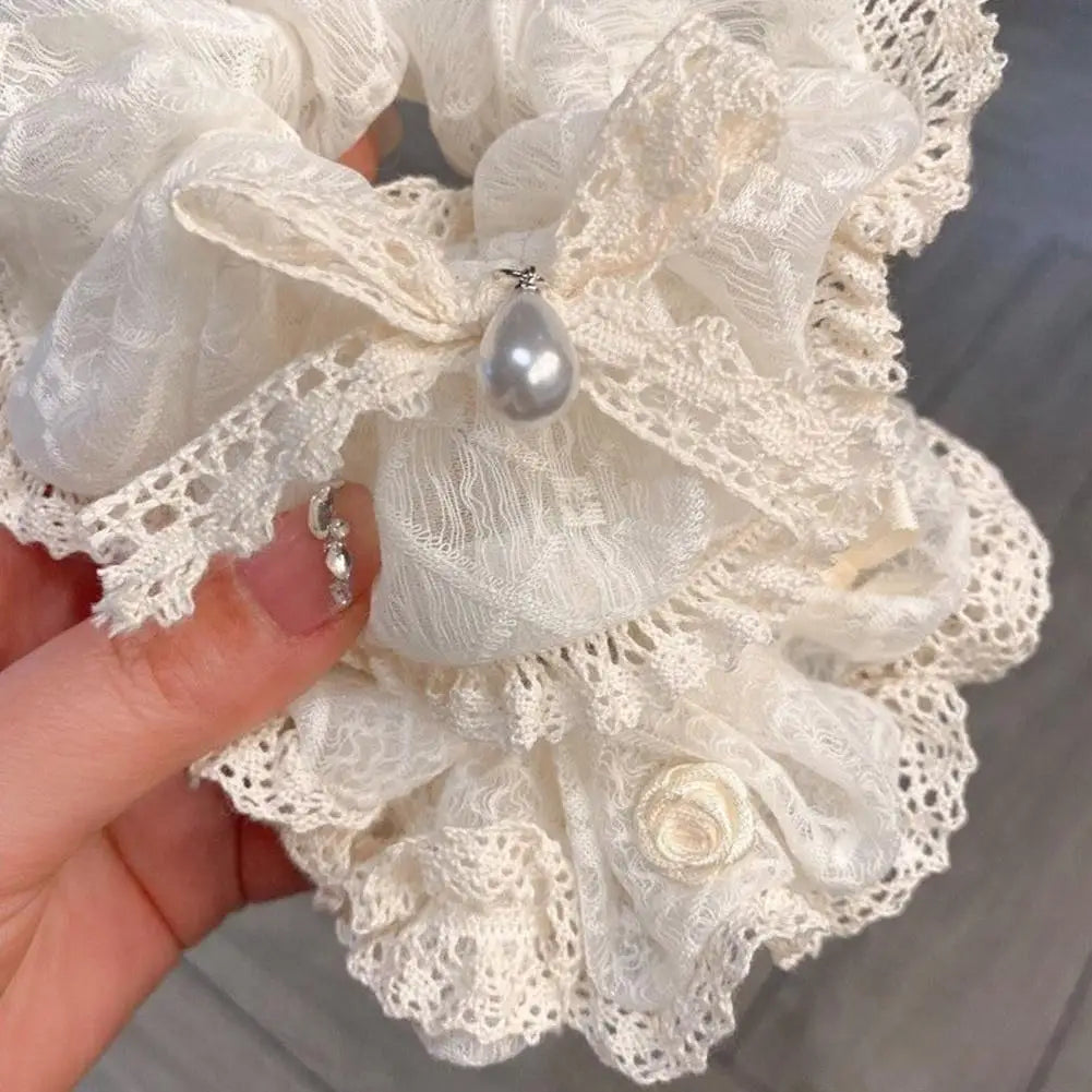 French Lace Pearl Rose Flower Elastics Hair Band For Women Cream White Scrunchies Hair Ties Ponytail Holder Hair Accessories