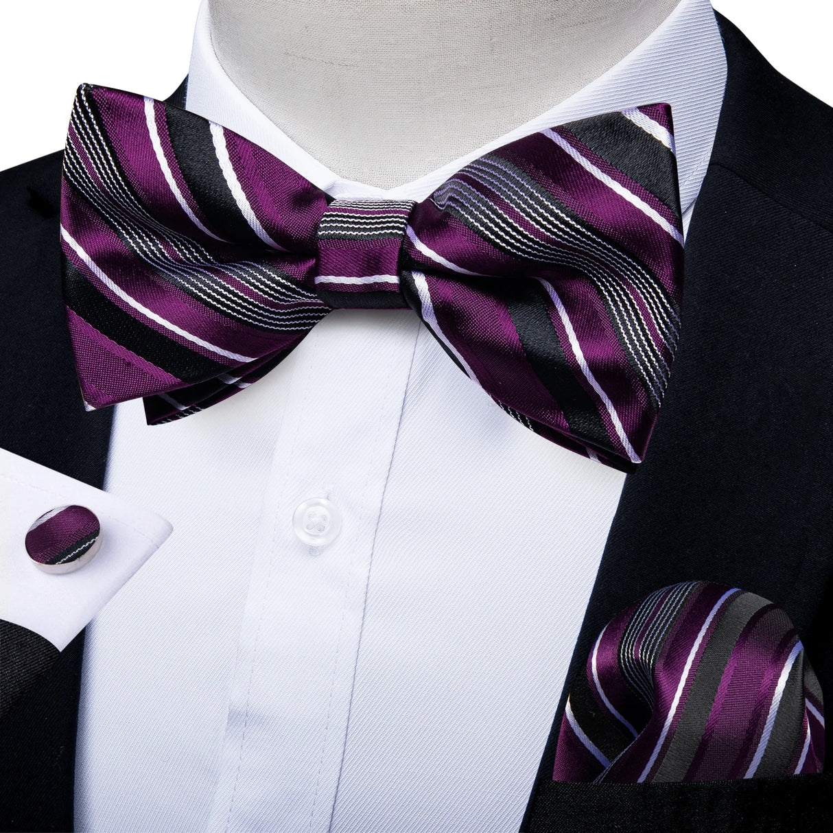 Classic Black Men Bow Ties 100% Silk Bowties Butterfly Pocket Square Cufflinks Set Suit Paisley Gold Pre-Tied Bow Tie DiBanGu
