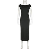 IAMSURE Elegant Basic Solid Backless Straight Dress Fashion Casual O-Neck Short Sleeveless Maxi Dresses For Women 20233 Summer