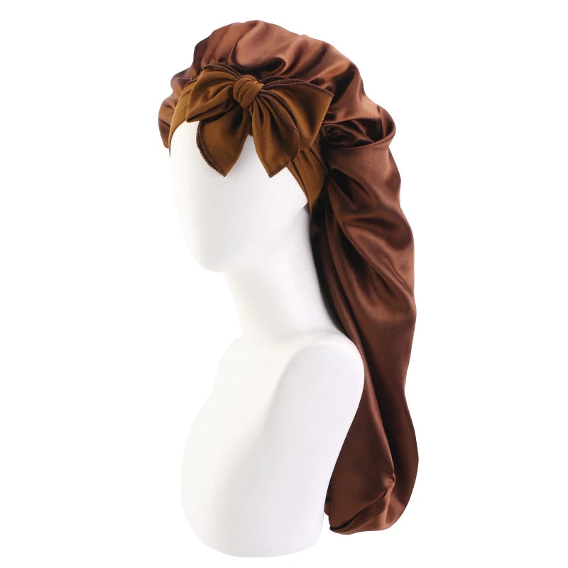 Women long Oversized Elastic Satin Bonnet Sleeping Cap With Ribbon Breathable Sleeping Cap Turban Sleep Headwear Bandanas