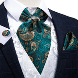 Luxury Silver Paisley Men Ascot Tie Wedding Formal Cravat Ascot Scrunch Self British Neck Tie Set Pocket Square Cufflink DiBanGu