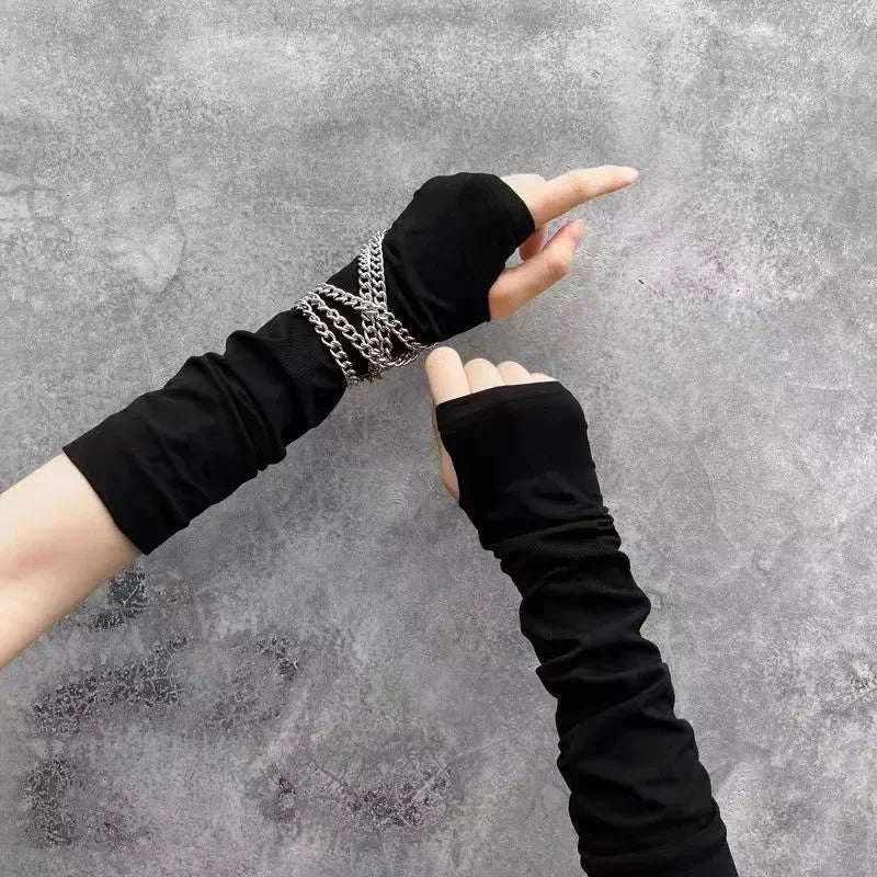 Y2K Gothic Lolita Gloves Arm Cover Harajuku Arm Warmers Black Grey Striped Fingerless Punk Long Wristband Metallic Unisex Gloves