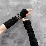 Y2K Gothic Lolita Gloves Arm Cover Harajuku Arm Warmers Black Grey Striped Fingerless Punk Long Wristband Metallic Unisex Gloves