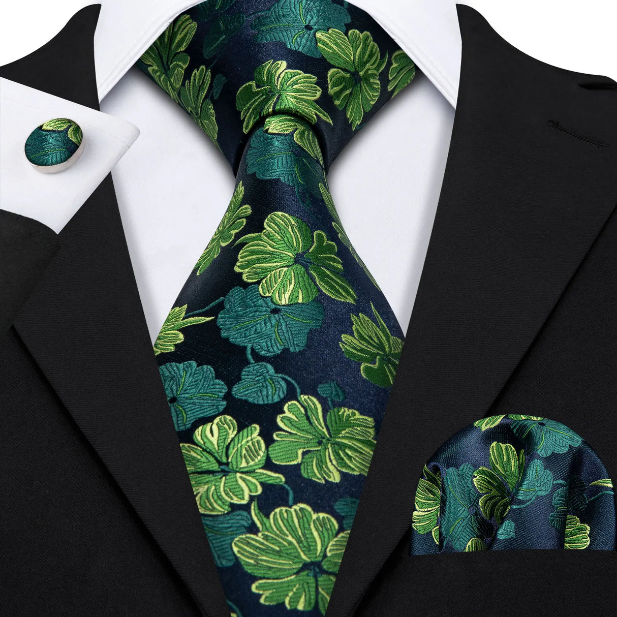 Luxury Silk Mens Ties Set Black Green Leaves Floral Neck Tie Handkerchief Cufflinks Set Wedding Business Party Barry·Wang 5938