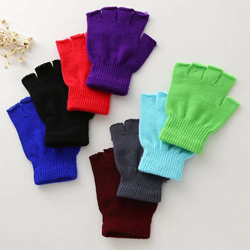 Unisex Black Half Finger Fingerless Gloves for Women and Men Wool Knit Wrist Cotton Gloves Solid Color Winter Warm Work Gloves