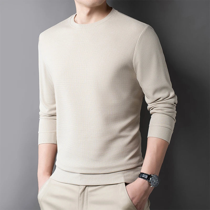 2024 Men's Casual Fashion Long Sleeved Round Neck T-shirt Waffle Comfortable Top
