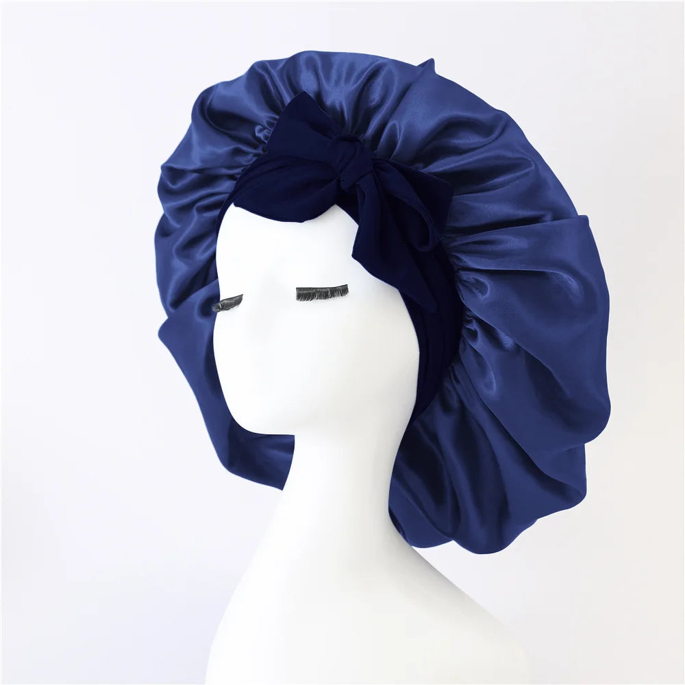 New Satin Sleeping Cap For Women Solid Wide Band Stretch Head Tie Silky Bonnet Edge Wrap Nightcap Hair Care Shower Head Cover