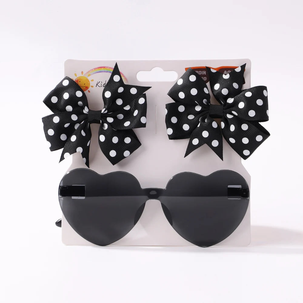 3Pcs/set Cute Solid Kids Dot Hairpin Colorful Heart Sun Glasses Set Girls Boutique Bowknot Hair Clips Children Hair Accessories