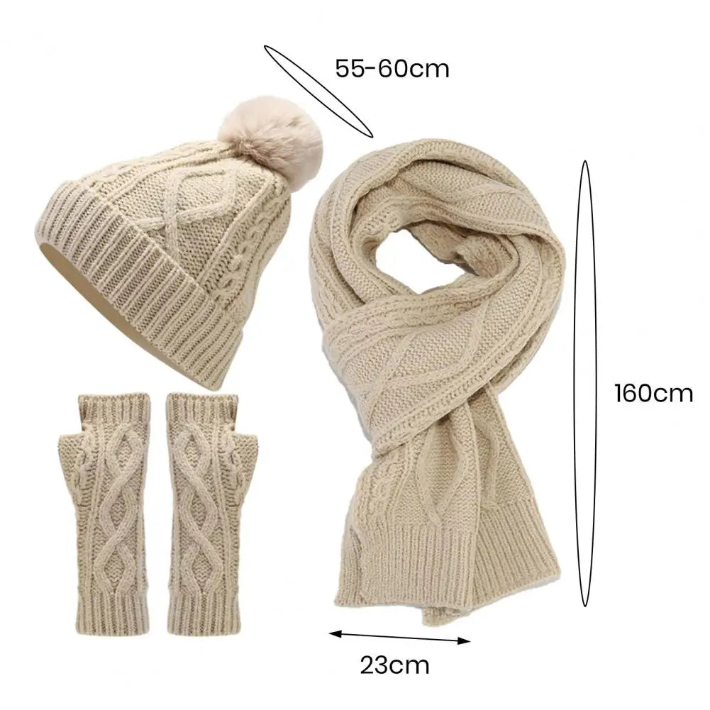 3Pcs/Set Women Hat Scarf Gloves Set For Autumn Winter Solid Color Plush Ball Beanie Half Finger Gloves Long Scarf Set