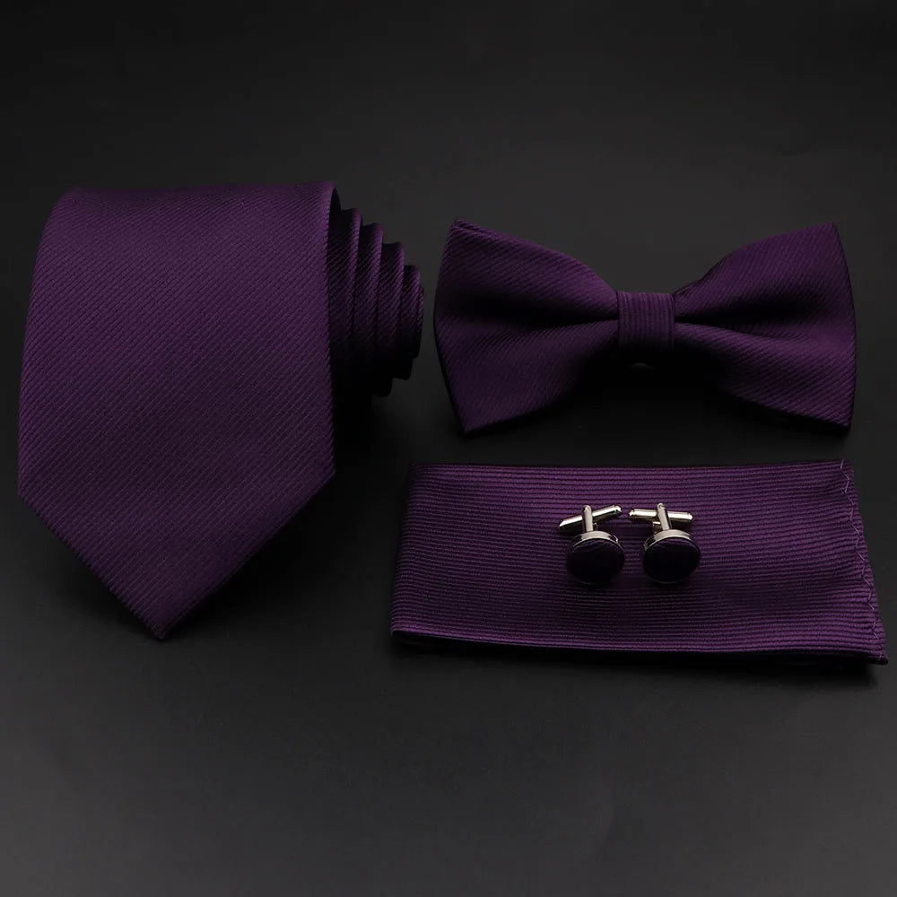 Hot Sale Red Blue Tie Set Polyester Slim Striped Necktie Bowtie Cufflink Brooch For Groom Suit Wedding Cravat Shirt Accessory