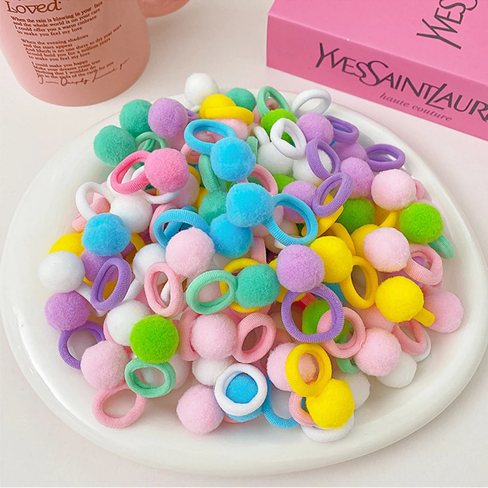 10 Pairs Baby Girls Elastic Hair Bands Plush Ball Rubber Bands Sweets Scrunchie Hair Ties Random Color Kids Hair Accessories