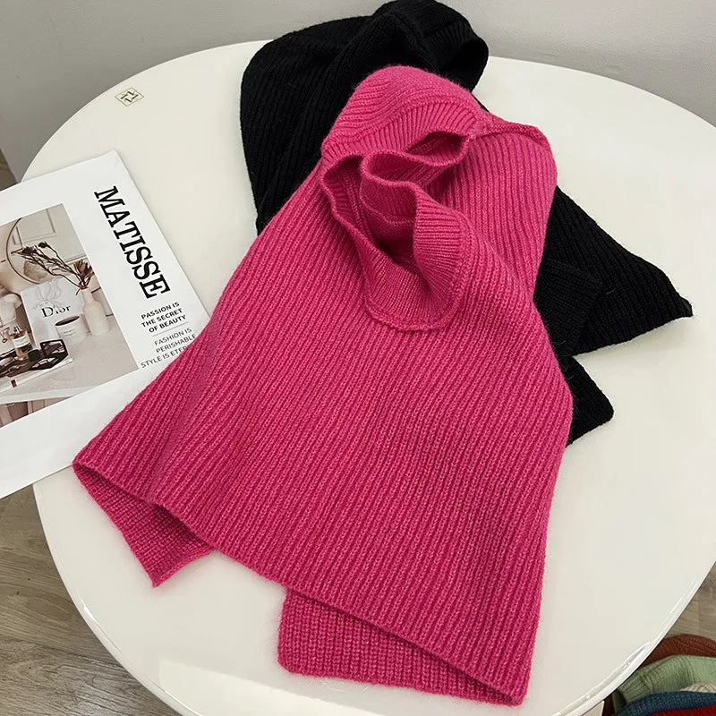 Hat Simple Solid Colour Cap Balaclava Knitted Pullover Hat women's Winter Warm Scarf Hat all-in-one Gorros Invierno