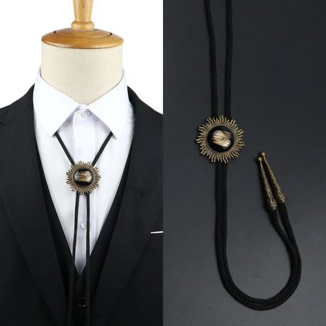 Vintage Bolo Tie Shirt Chain Cowboy Jazz Alloy Men Women Leather Rope Long Necklace Imitation Obsidian Sweater Chain Men Accesso