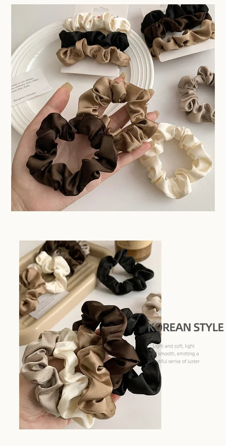 3/4/5 PCS Elastic Bands Elegant Solid Color Satin Pleated Scrunchies Woman Strong Ponytail Hair Ties Accessories Wholesale
