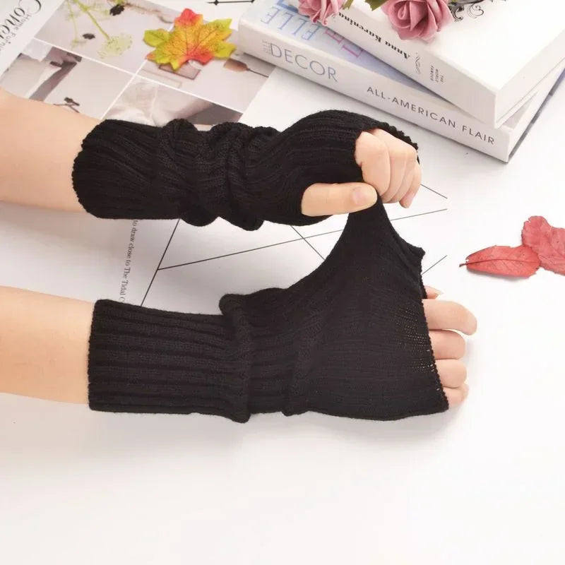 Long Fingerless Gloves Women‘s Mitten Winter Arm Warmer Knitted Arm Sleeve Fine Casual Soft Girls Goth Clothes Punk Gothic Glove