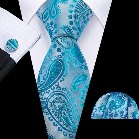 Noverlty Teal Silk Necktie For Men Solid Luxury Brand Suit Pocket Square Cufflinks High Quality Tie Set Wedding Party Barry.Wang