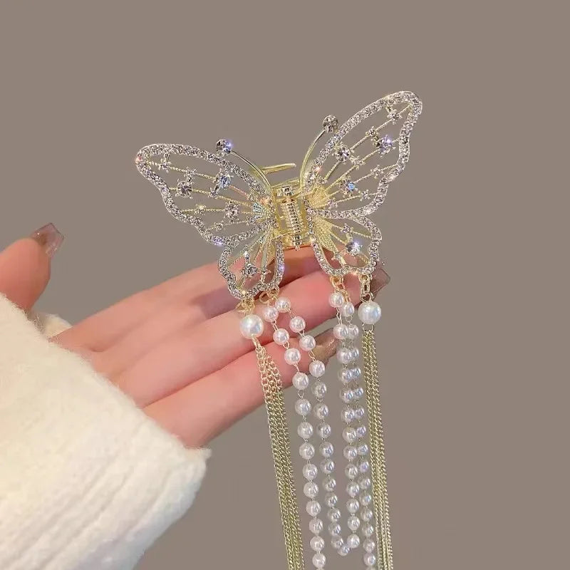 1 Pcs Full Diamond Hollow Butterfly Tassel Hair Accessories, Pearl Bead Chain Back Of The Head Grab Clip, Zinc Alloy Shark Clip