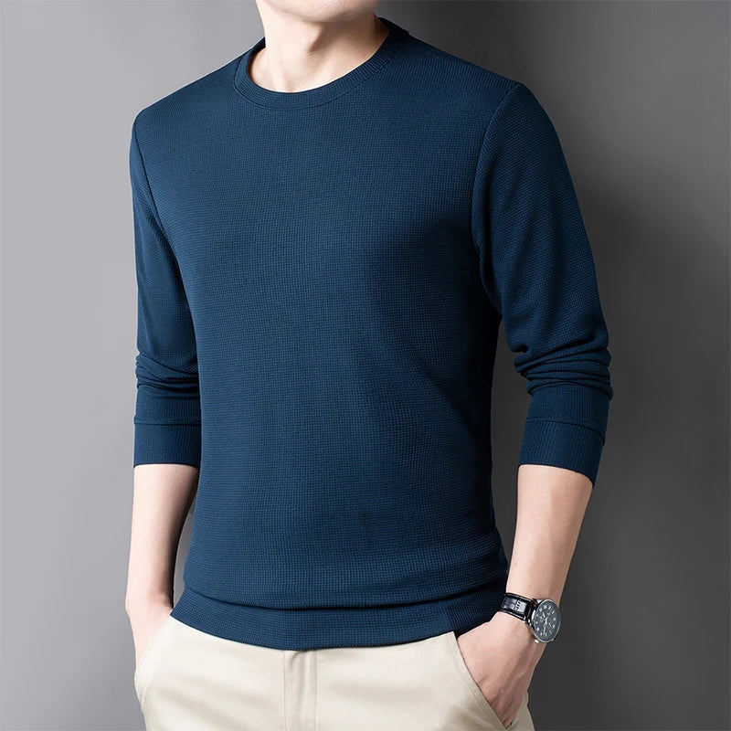 2024 Men's Casual Fashion Long Sleeved Round Neck T-shirt Waffle Comfortable Top