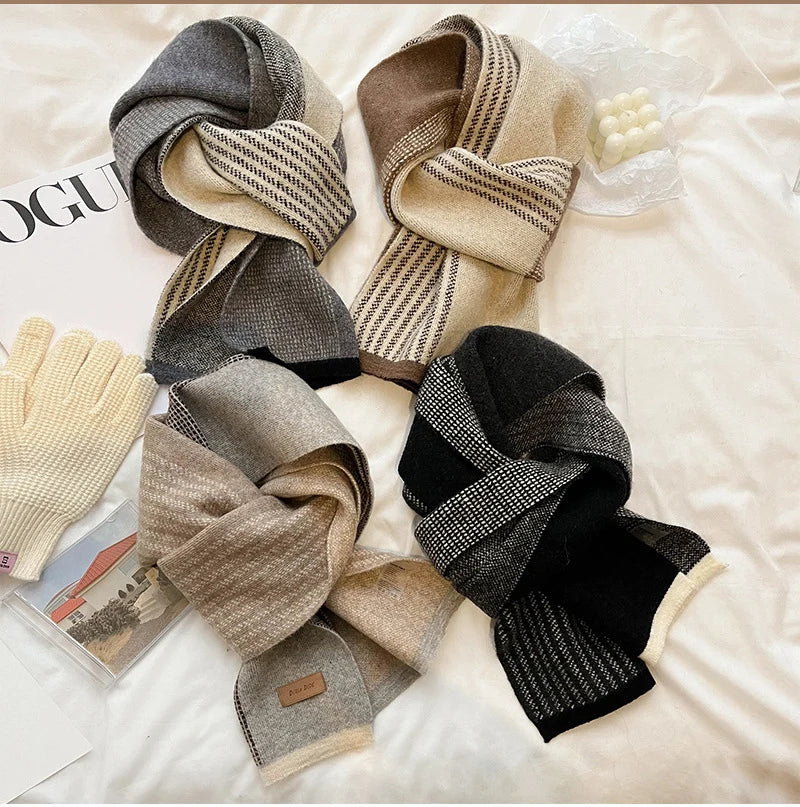 Korean Women Color Blocking College Style Wool Cross Knitted Scarf Female Winter Neck Protection Soft Windproof Warm Shawl New