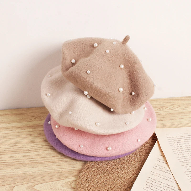 Wool Kids Winter Hat for Girls Retro Baby Beret Hats with Pearls Autumn Winter Kids Cap for Children Accessories 2-6Y